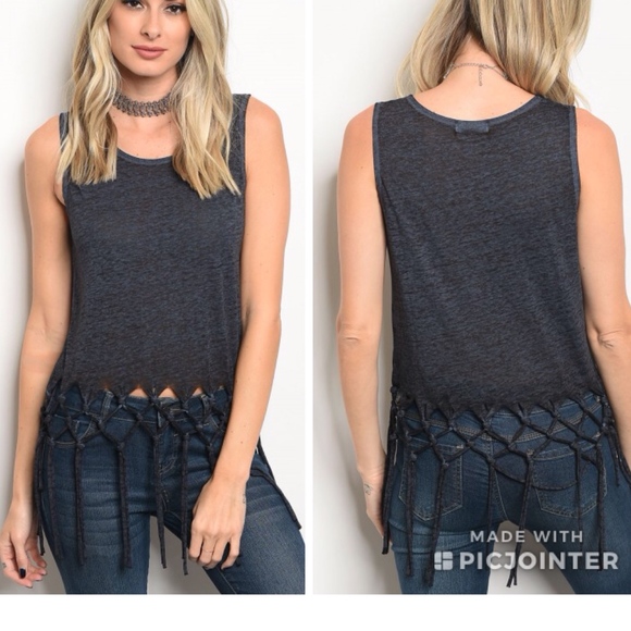 Tops - LAST 1! Indigo scoop neck & Fringe